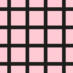 Background of squares and intersecting stripes and lines. Pink and black checkered striped seamless repeat pattern.