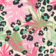Abstract tropical leaves, grunge leopard camouflage spots background.