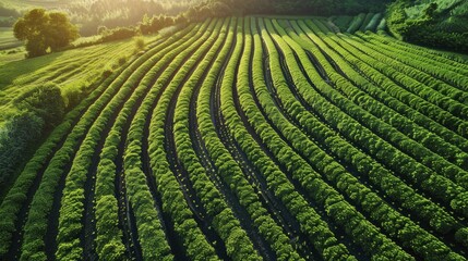 Fototapeta premium Sustainable water management, agricultural landscape with efficient irrigation systems, promoting water conservation, vibrant and green, simple minimal style.