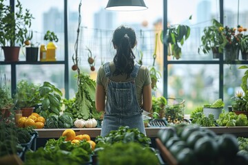 Urban farming initiatives in a cityscape, rooftop gardens and community farms, promoting local and sustainable food sources, vibrant and green, with a touch of modern simplicity.