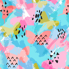 Beautiful butterflies seamless pattern. Flying insects on geometric grunge background