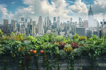 Urban farming initiatives in a cityscape, rooftop gardens and community farms, promoting local and sustainable food sources, vibrant and green, with a simple minimalist touch.