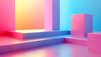 A colorful room with pink, blue, and yellow walls