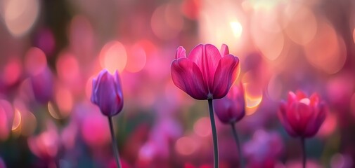 Obraz premium pink tulip flowers, summer and spring flower grass field, wildflower field 