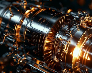 A high-detail shot of a private jet's turbine engine, showcasing precision engineering