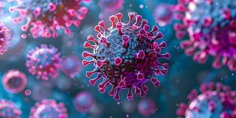 Microscopic view of floating viruses illustrating immunotherapys use of the immune system to fight diseases like cancer. Concept Microscopic Imaging, Virus Illustration, Immunotherapy, Immune System