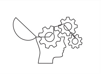 Head of a man with gears inside, drawn in one line on a white background. One-line drawing. Continuous line. Vector