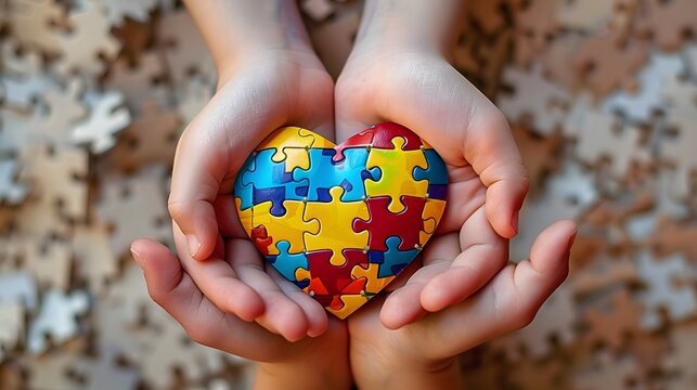  - A symbolic heart puzzle made of child's hands represents World Autism Awareness Day.,  The image captures a heart puzzle crafted from child's hands, symbolizing World Autism Awareness Day.