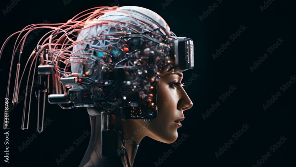 Aufkleber a woman's head is shown with a lot of wires and circuits. concept of technology and artificial intel