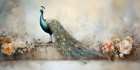 Estilizado pavão decorativo com pintura em ouro e prata. Concept Peacock Decorative, Gold and Silver Painting, Stylish Decoration