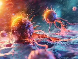 A high-detail illustration of cancer cells under attack by precision medicine, showing hope in treatment