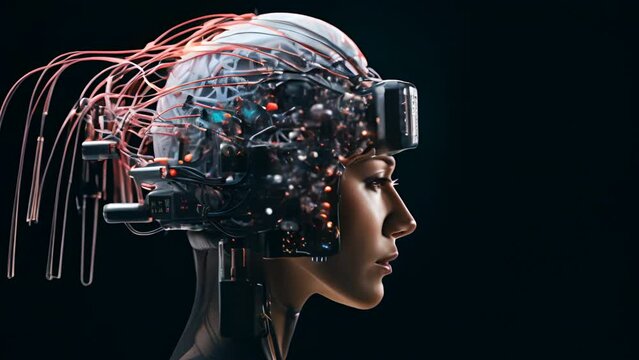 A woman's head is shown with a lot of wires and circuits. Concept of technology and artificial intelligence