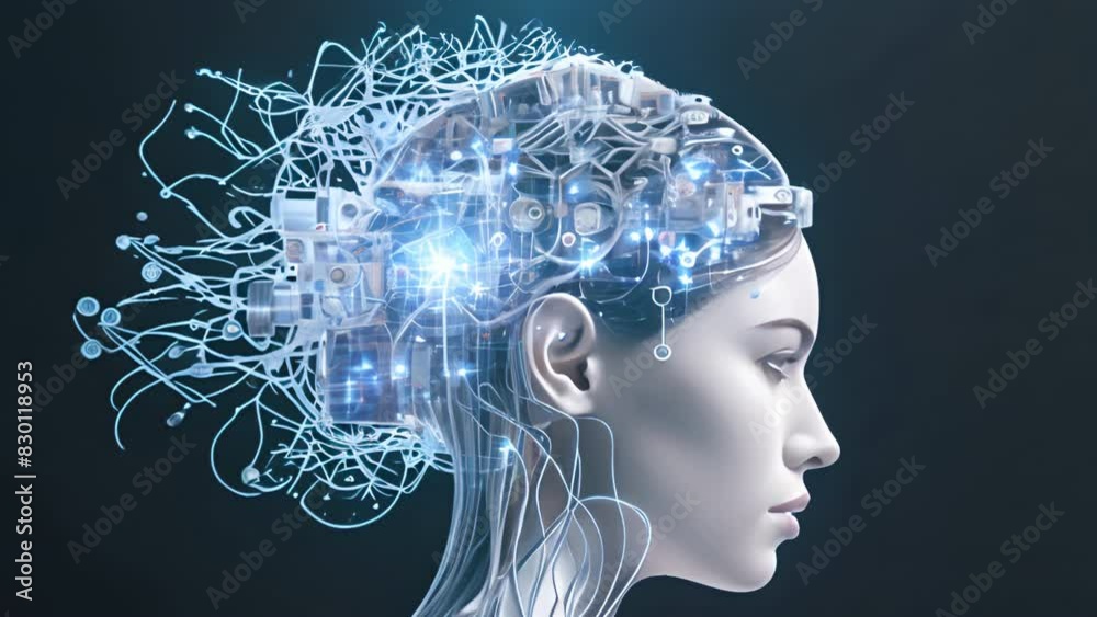 Poster a woman's head is shown with a lot of wires and circuits. concept of technology and artificial intel