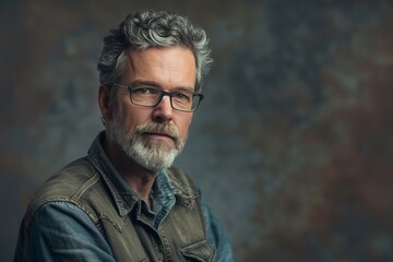 Obraz premium Mature art director, confident, professional, digital SLR, standard zoom, daytime, studio portrait, digital, high realism, creative light. , background blur