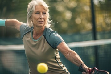 close up of beautiful middle age caucasian woman playing pickleball in court, active old age - Powered by Adobe
