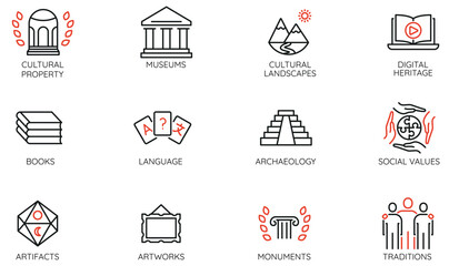 Vector Set of Linear Icons Related to Cultural Heritage and property. Mono line pictograms and infographics design elements