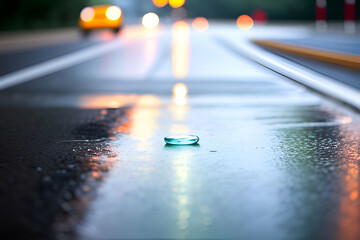 Drops of warm summer rain, falling on the asphalt