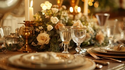 A close-up of a beautifully set dinner party table with elegant place settings, candles, and floral arrangements