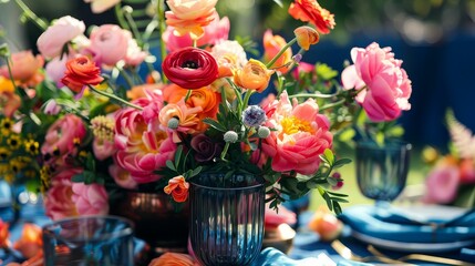 A close-up of a beautifully arranged flower centerpiece on a party table, with colorful blooms and elegant vases