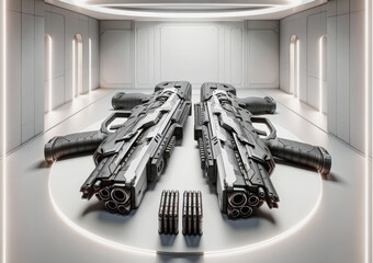 Two futuristic, high-tech weapons are showcased in a sleek, minimalist room with ambient lighting. The design is intricate, and the setting is modern and sterile.