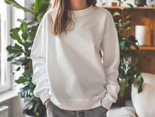 Sweatshirt mockup girl wearing a white jumper mockups in living room with plants background