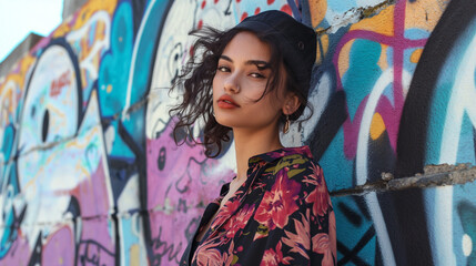 Fototapeta premium Stylish Young Woman Posing by Graffiti Wall with Urban Vibes