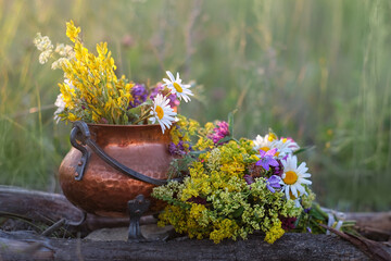 Copper witch cauldron with flowers and herbs close up on meadow, abstract natural background. herb...