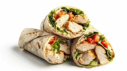 Chicken Caesar wrap halves stacked, focus on, appetizing presentation, futuristic, Double exposure, white background backdrop