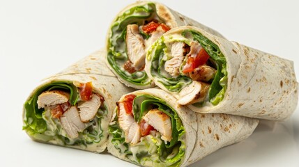 Chicken Caesar wrap halves stacked, focus on, appetizing presentation, futuristic, Double exposure, white background backdrop