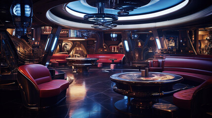 Sci-fi interior of futuristic space bar or saloon with neon cyberpunk decorations.
