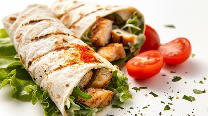 Chicken Caesar wrap ingredients, focus on, fresh components, vibrant, Overlay, white background backdrop