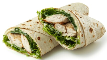 Chicken Caesar wrap sliced open, close up, detailed texture, realistic, Silhouette, white background backdrop