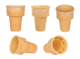 Set of empty wafer ice cream cones on white or transparent background