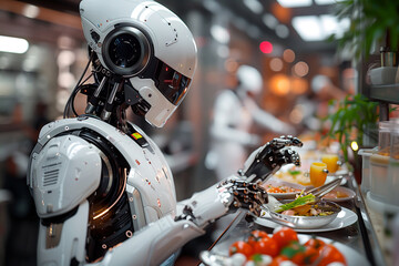 Close-up of a futuristic robot chef preparing a gourmet meal in a high-tech kitchen.
