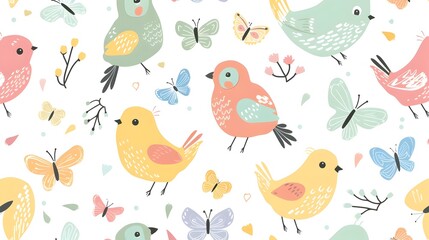 Whimsical Aviary Pattern with Colorful Chirping Birds and Butterflies