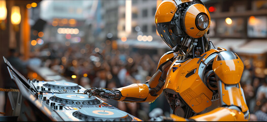 Fototapeta premium A robot DJ spinning music on the busy city street backdrop.