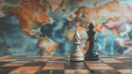 Two chess pieces on a world map, representing global competition and strategy in business or social matters