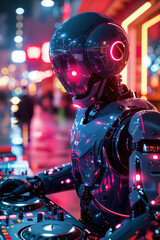 A robot DJ spinning records and mixing music at vibrant neon lights backdrop.