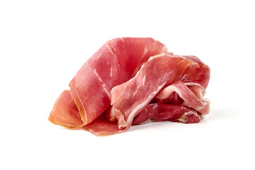 Delicious Serrano ham, cured jamon iberico, isolated on white background