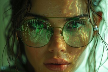 A woman's face, obscured by a digital haze, surrounded by floating green code in a futuristic techno environment.