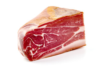 Italian prosciutto crudo or spanish jamon. Jerked meat, isolated on white background. High resolution image