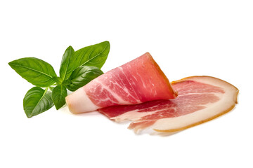 Delicious Serrano ham, cured jamon iberico, isolated on white background