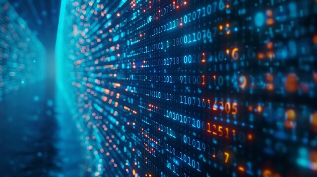 Blue digital binary data on computer screen background
