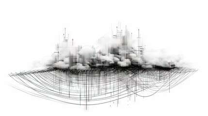 Architectural cloud concept with city structure and connections. Urban private environment and real estate concept.