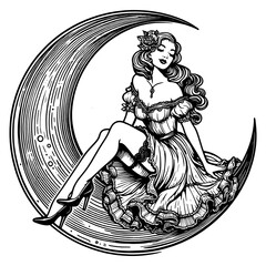 elegant pin-up girl woman seated in a crescent moon, evoking Art Nouveau style sketch engraving generative ai fictional character PNG illustration. Scratch board imitation. Black and white image.