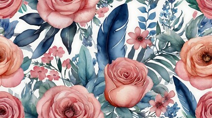 repeating pattern of pink and coral roses with blue and green leaves on a white background.