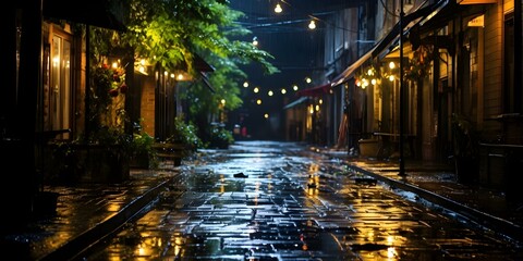 Nighttime urban alley with atmospheric lighting weathered architecture and a soggy street. Concept Urban landscapes, Night photography, Atmospheric lighting, Weathered architecture, Street scenes