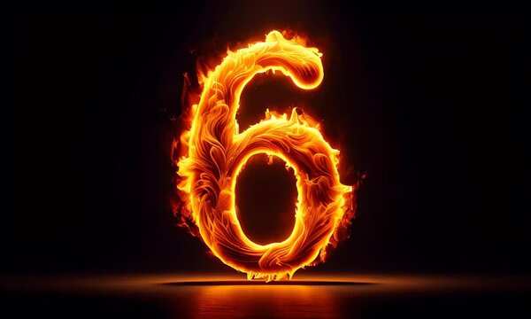 The number 6 six made of fire, glowing with bright orange and yellow flames. The fiery number stands out against a dark background, creating a dramatic and intense visual effect