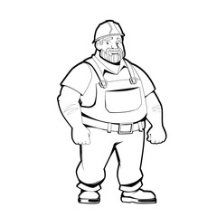 This vector image features a construction worker in overalls, done in black lines on a white background. The character is ideal for projects related to construction, architecture and renovation.
