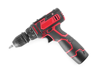 Modern electric screwdriver isolated on white, top view